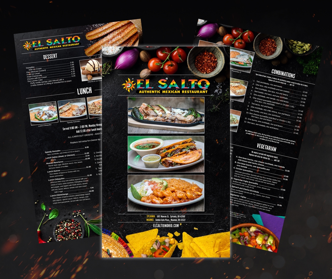 El Salto Mexican Restaurant menus displaying various dishes and drink options.