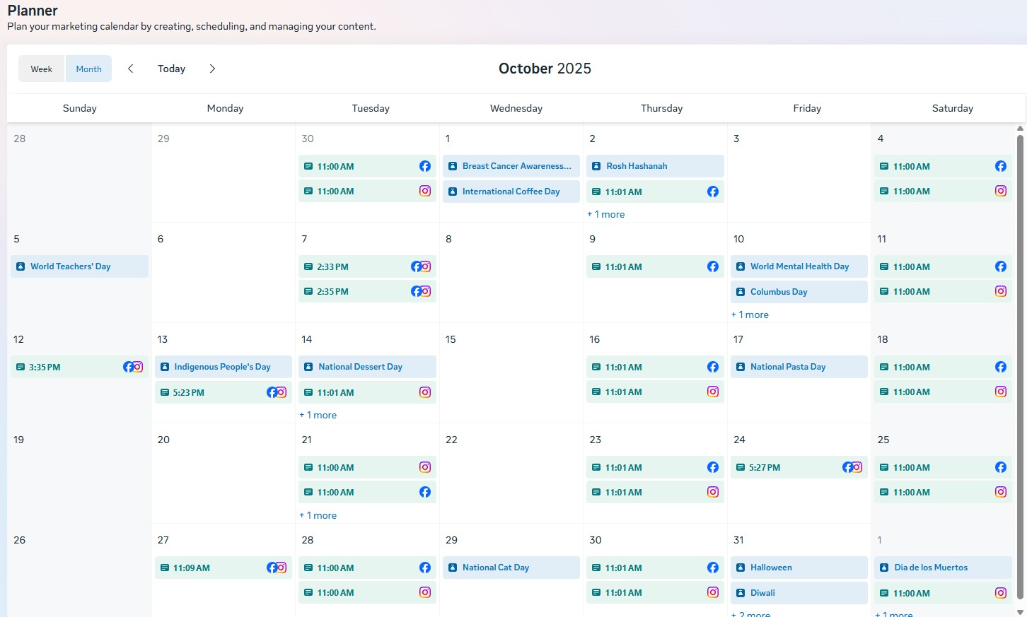 Calendar showing El Salto's social media posting schedule for the week.