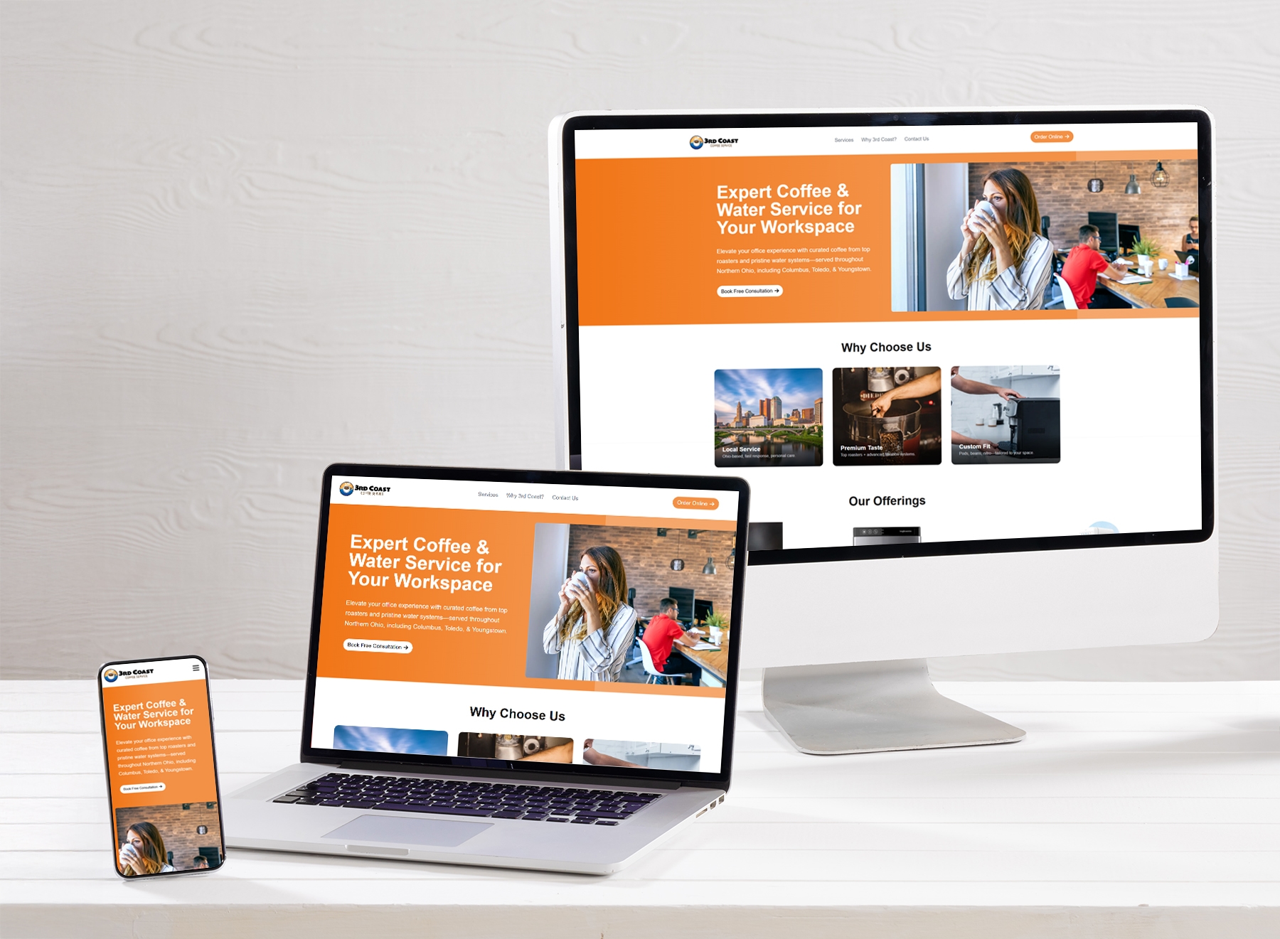 3rd Coast Coffee website on a mobile device, laptop, and desktop
