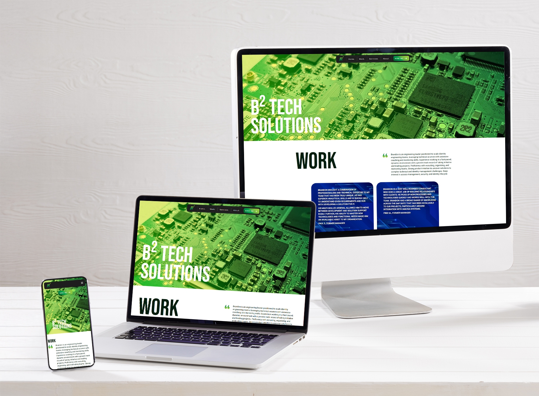 B2 Tech Solutions website on a mobile device, laptop, and desktop