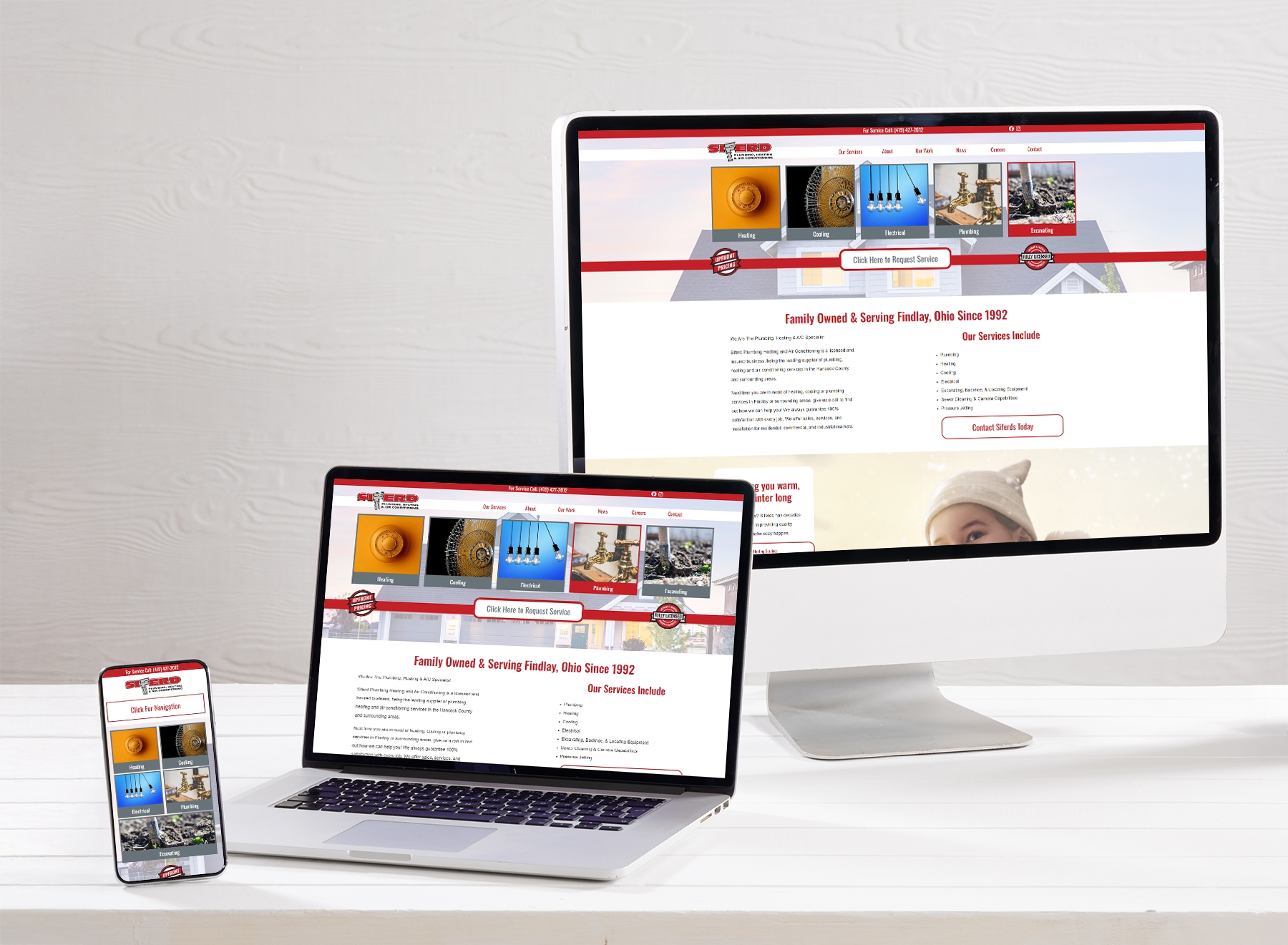 Siferds Plumbing, Heating & AC website on a mobile device, laptop, and desktop