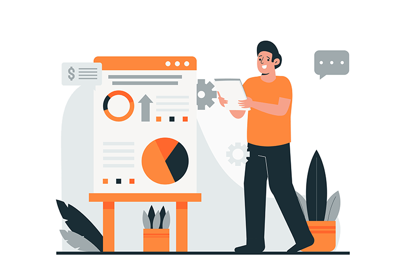 A graphic of man analyzing a website with statistics and graphs