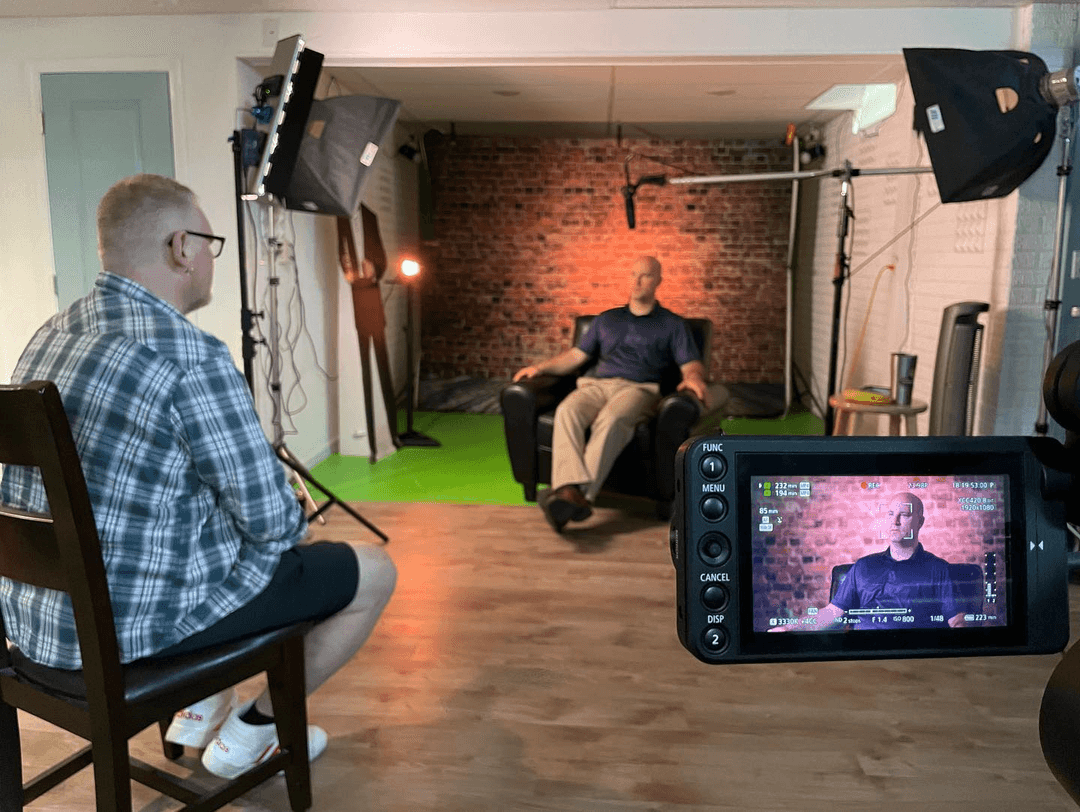 A film crew shooting a scene for a campaign video.