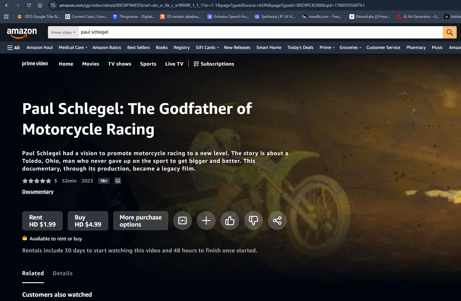 A view of Amazon Prime showing Paul Schlegel: The Godfather of Motorcycle Racing.